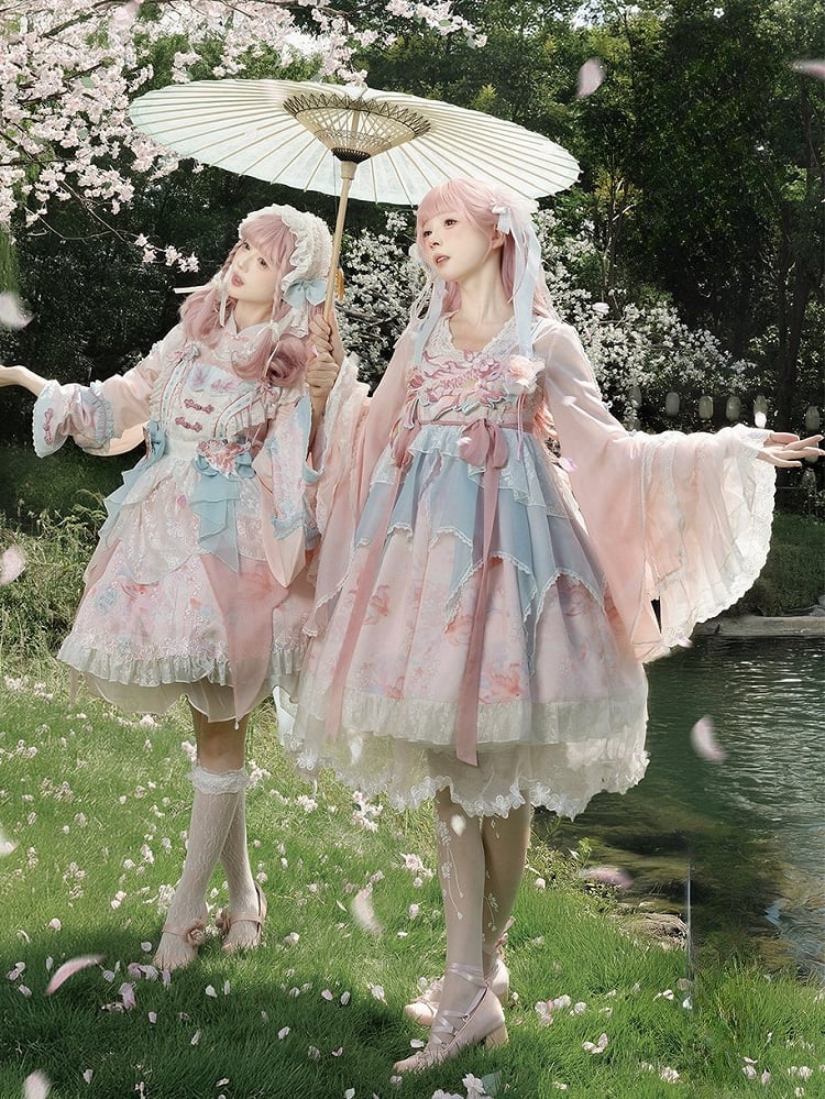Lolita Overlay Floral Trim Edge Han with Scalloped Dress Golden JSK Blue Embroidery and Print Pink Fish