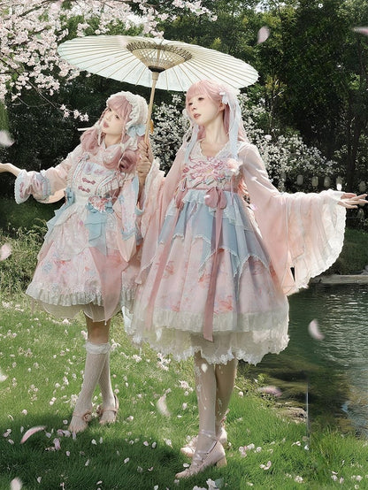 Lolita Overlay Floral Trim Edge Han with Scalloped Dress Golden JSK Blue Embroidery and Print Pink Fish