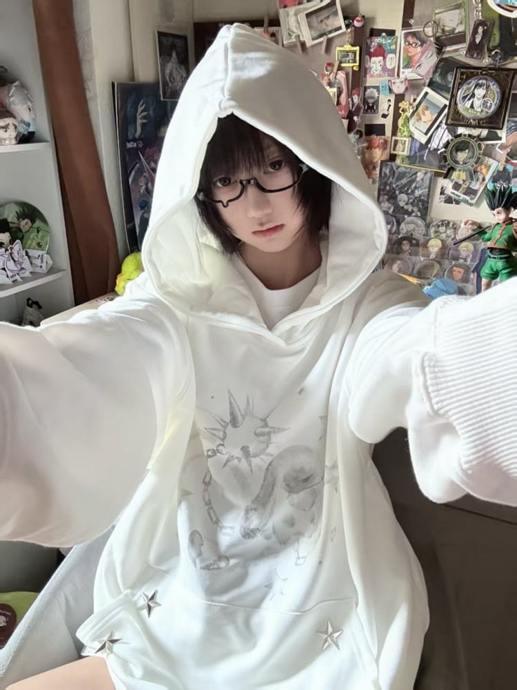 Dreamcore Pockets with White Punk Rabbit Print Studded Star Hoodie