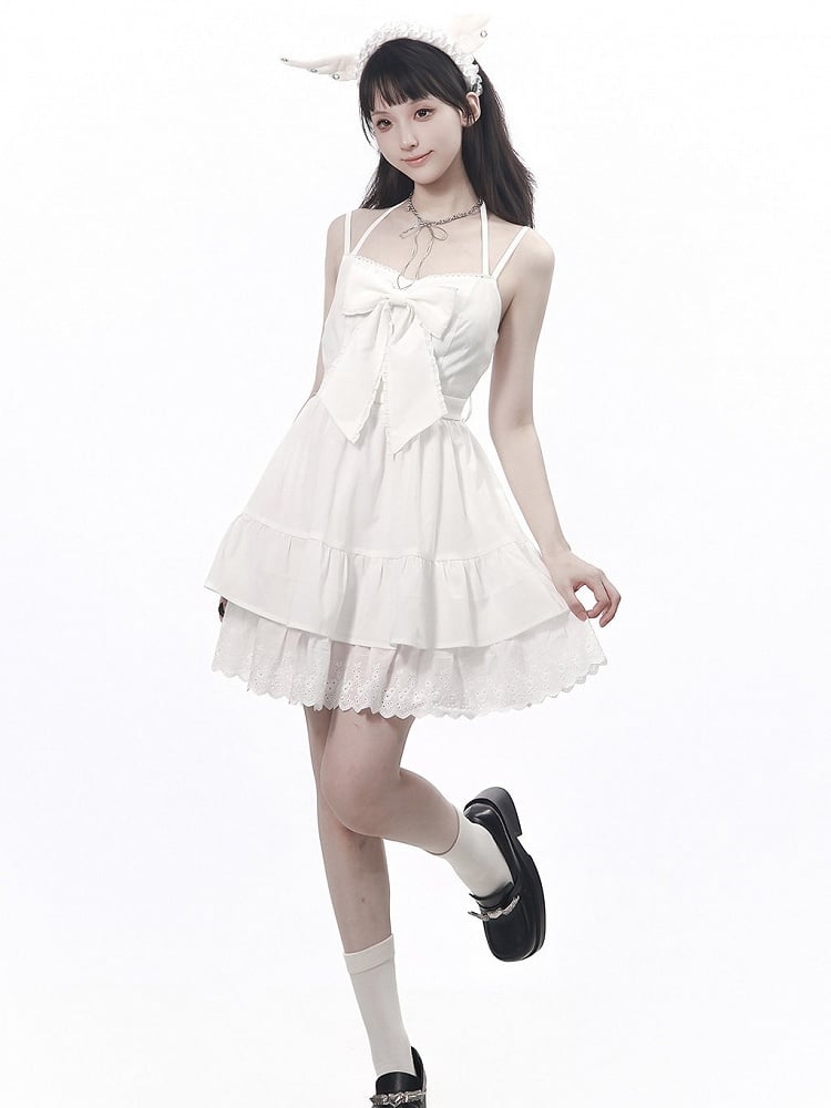 Ivory Halterneck Slip Dress with Lace Accents and Ribbon Knot - PINK SAVIOR
