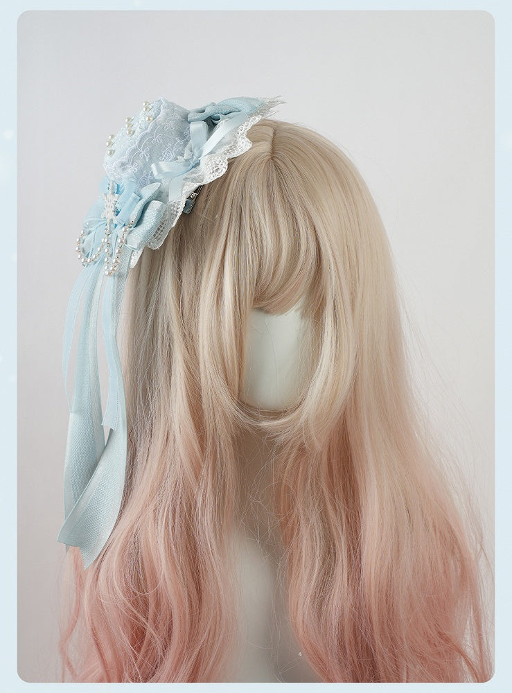 Blue Big Bow Lace Trim Snowflake Mini Hat with Beaded Chain