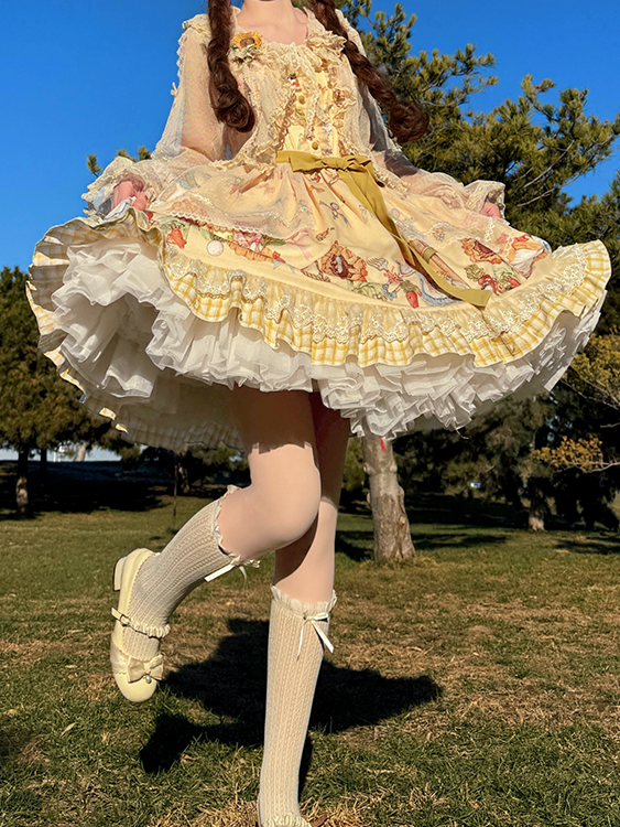 Lolita Overlay Sweet Plaid Bunny Print with and Yellow Dress JSK Sunflower Hem