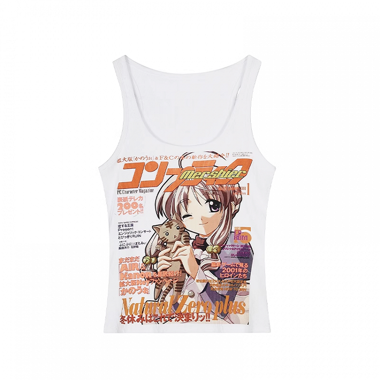 Tank Top Y2K Anime Girl Print Weiß Eng anliegend