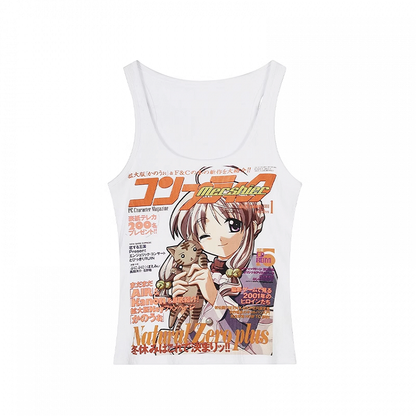Tank Top Y2K Anime Girl Print Weiß Eng anliegend