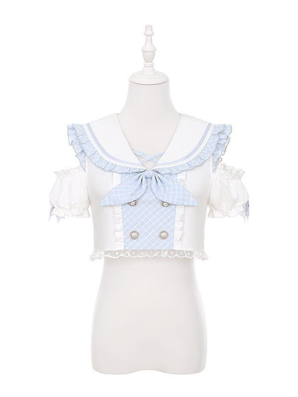 Azure Sailor Collar Blouse with Ruffled Cutout Sleeves - Puppet Bombs