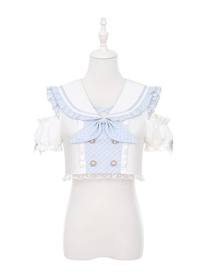 Azure Sailor Collar Blouse with Ruffled Cutout Sleeves - Puppet Bombs