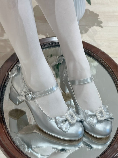 シューズメアリーラウンドトゥディテールロリータジェーンビーズシルバーと蝶結び装飾ラインストーン