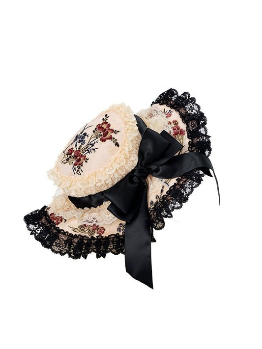 Black Bowknot Lace Vintage Hat with Floral Accents - Yimu Walnut