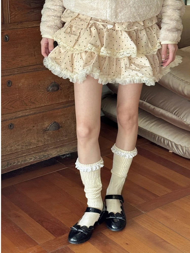 with Cuffs Socks Calf Ribbed Ruffled Lace
