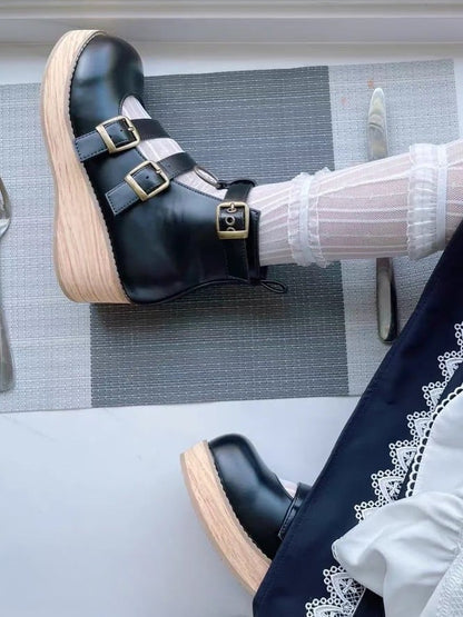 Plateau-Spitze mit Keilschnalle 3-5 cm Sohle rund schwarz 3 Riemen