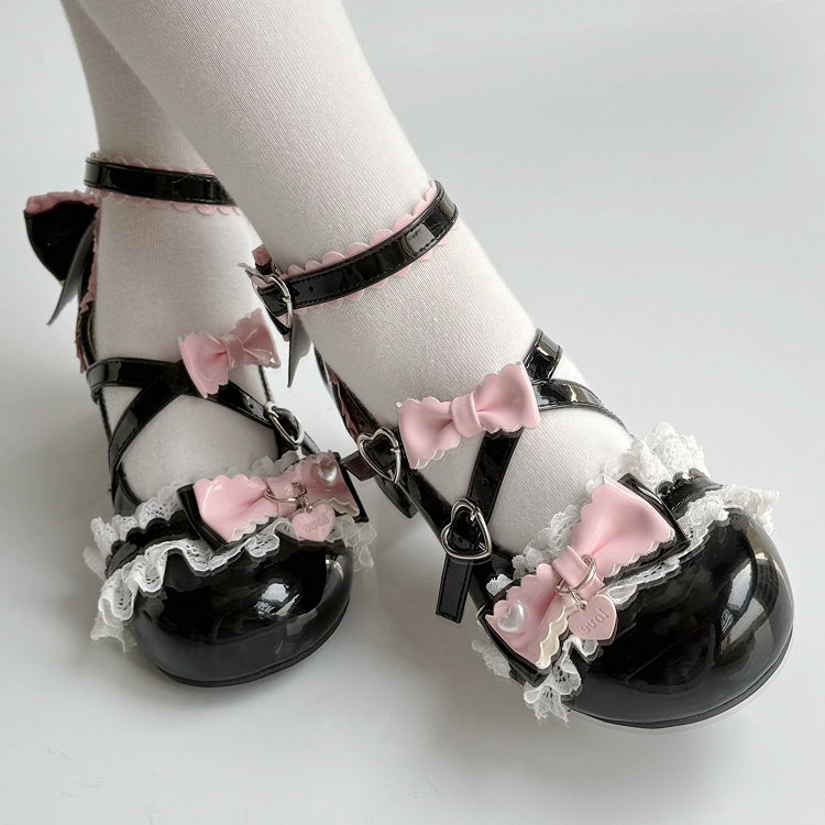 - Black PU Sweet Lolita with Details Leather Bow Janes Mary