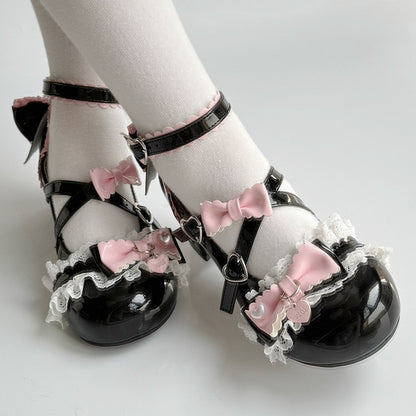 - Black PU Sweet Lolita with Details Leather Bow Janes Mary