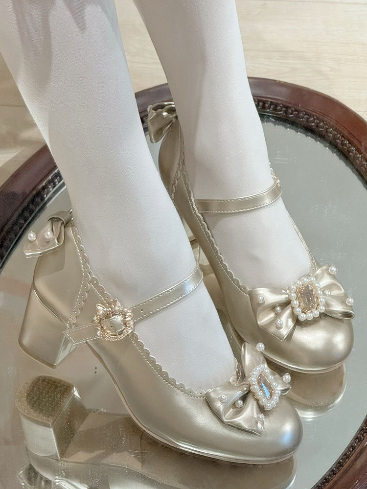 And Details Beaded Round Bowknot Mary Decorated Toe Rhinestone Janes Gold