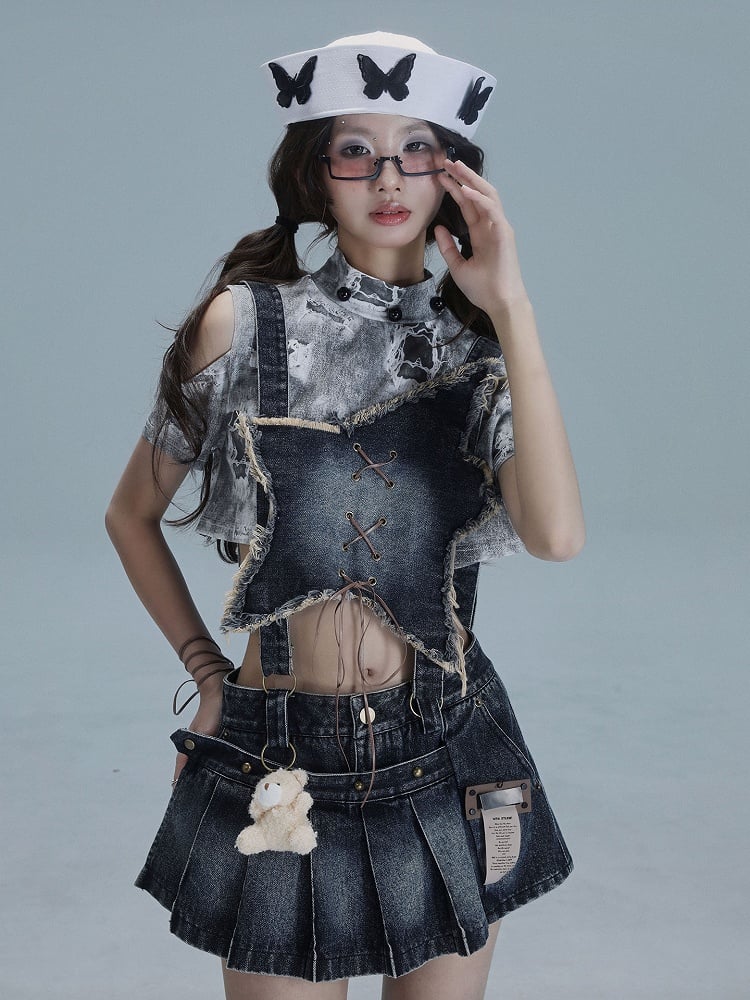 Blue Front Dusty Pleated Overall Shape Skirt with Punk Convertible Star Denim Distressed Dress