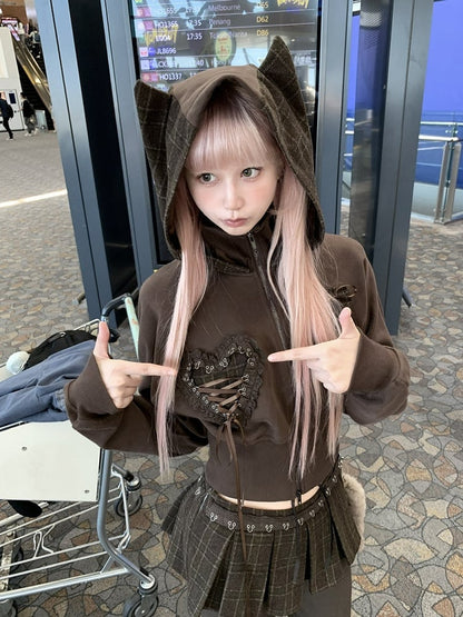Cat Zip-up and Heart Lace Brown Hoodie with Lace-Up Applique Ear