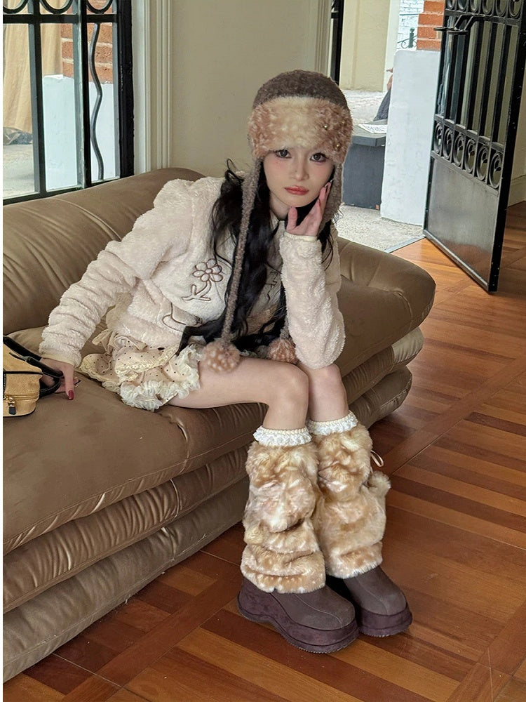 with Leg Warmers Ties Faux Fur Pom-Pom Pattern Deer-Spot