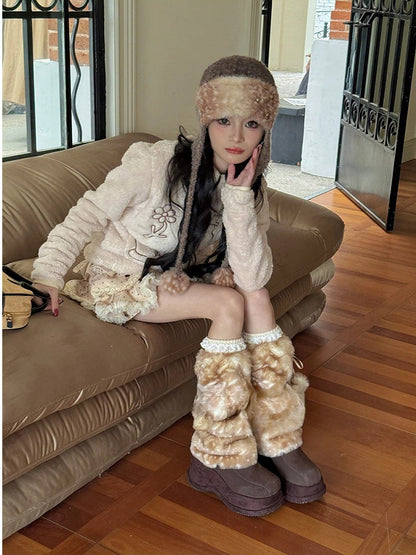 with Leg Warmers Ties Faux Fur Pom-Pom Pattern Deer-Spot