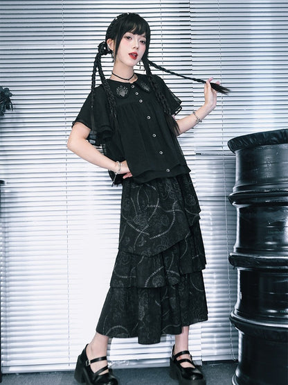 Gothic Black Asymmetrical Three-Tier Skirt with Sea Lily - Quirky Hut