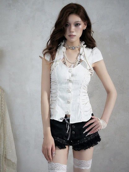 Punk Faux Two-Piece Short Sleeve Blouse in White with Lace and Ruffle Accents - NO ROMANCE