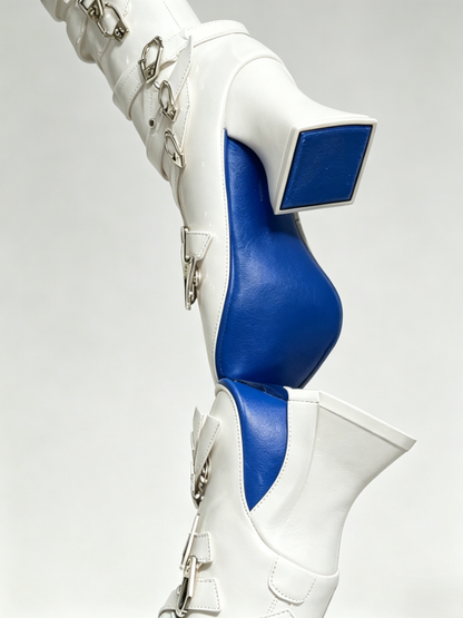 Pointed Toe White Boots with Striped Bow & Buckle Straps - NRose