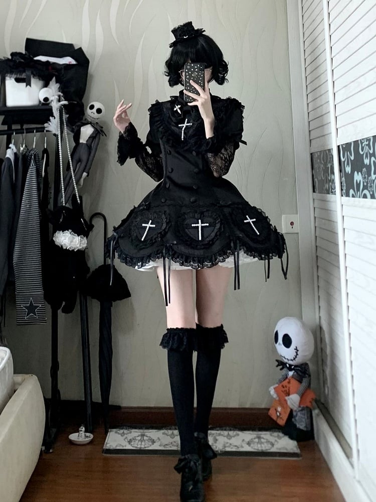 Details Cross and Lace Decoration Lolita Dress Black Gothic with Beaded