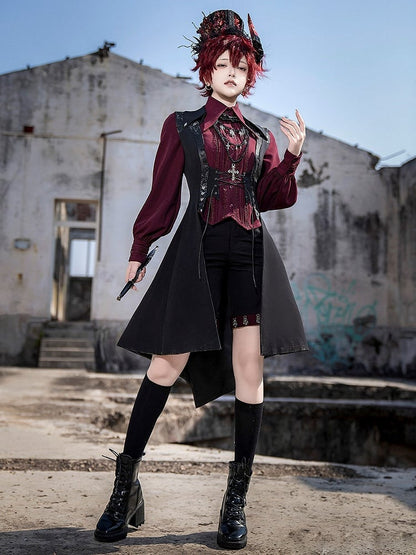Black Ouji Lolita Lace-up Closure Long Waistcoat