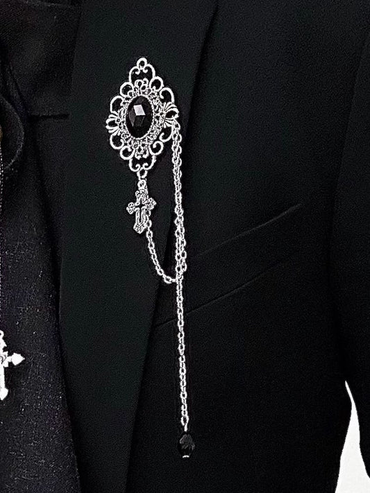 Charm Stone Lolita Vintage Brooch Obsidian with Silver Ouji Black Cross