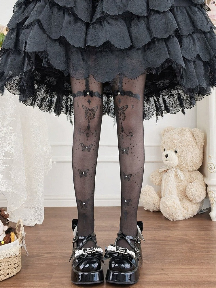 Butterfly & Cross Printed Sheer Lolita Tights, Black or White - Milkcat Studio