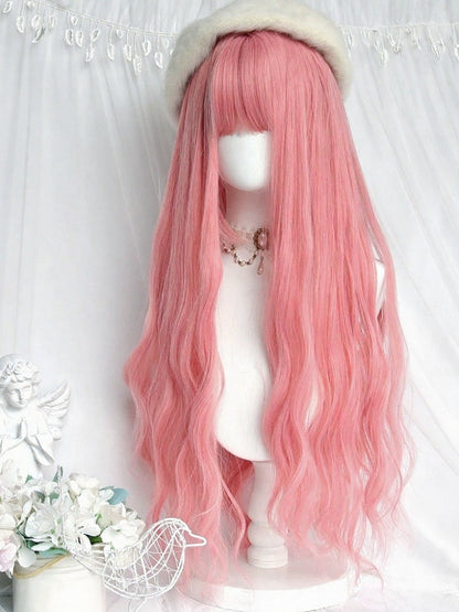 Pink 80cm Long Wavy Curly Lolita Wig with Full Bangs - Sinwavy