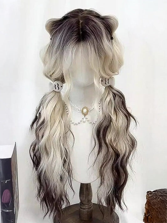 Black to Gold Ombre 75cm Wavy Curly Curtain Bangs Wig - Meow Island Wig