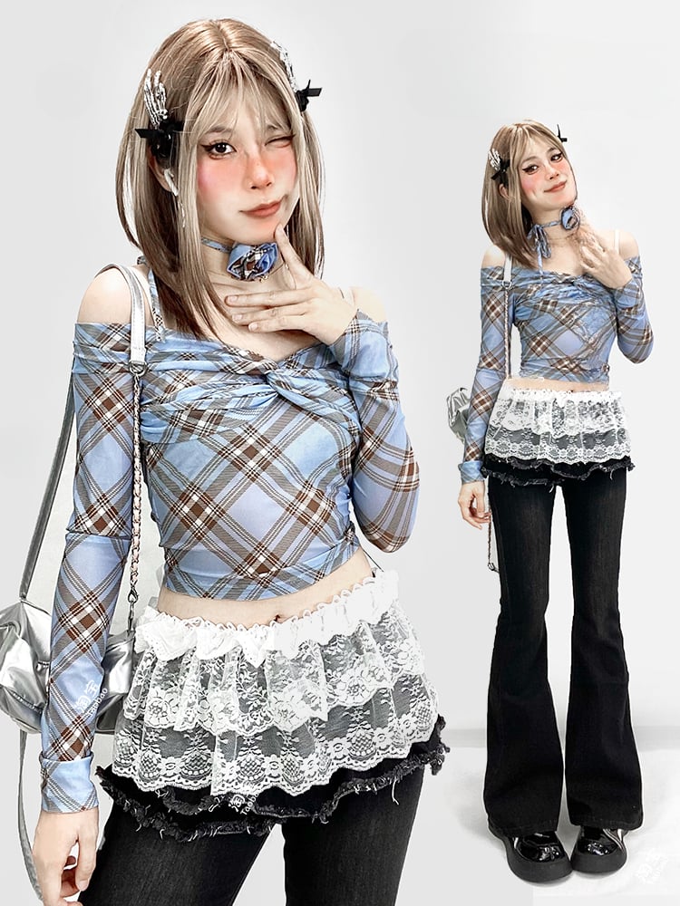 ブルーチェック柄ツイストディテールオフショルダーネックラインクロップドトップス