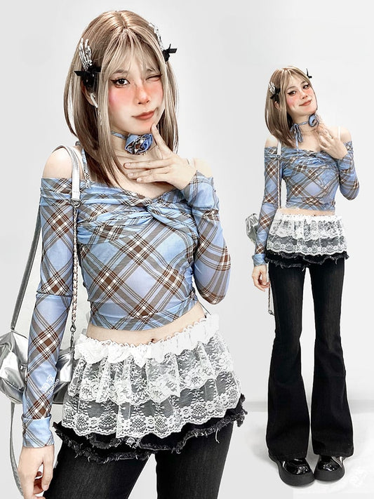 ブルーチェック柄ツイストディテールオフショルダーネックラインクロップドトップス
