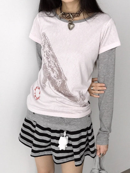 Top Pattern Grey Print Whale - Long Neck Two-piece Sleeve Pink Star Round