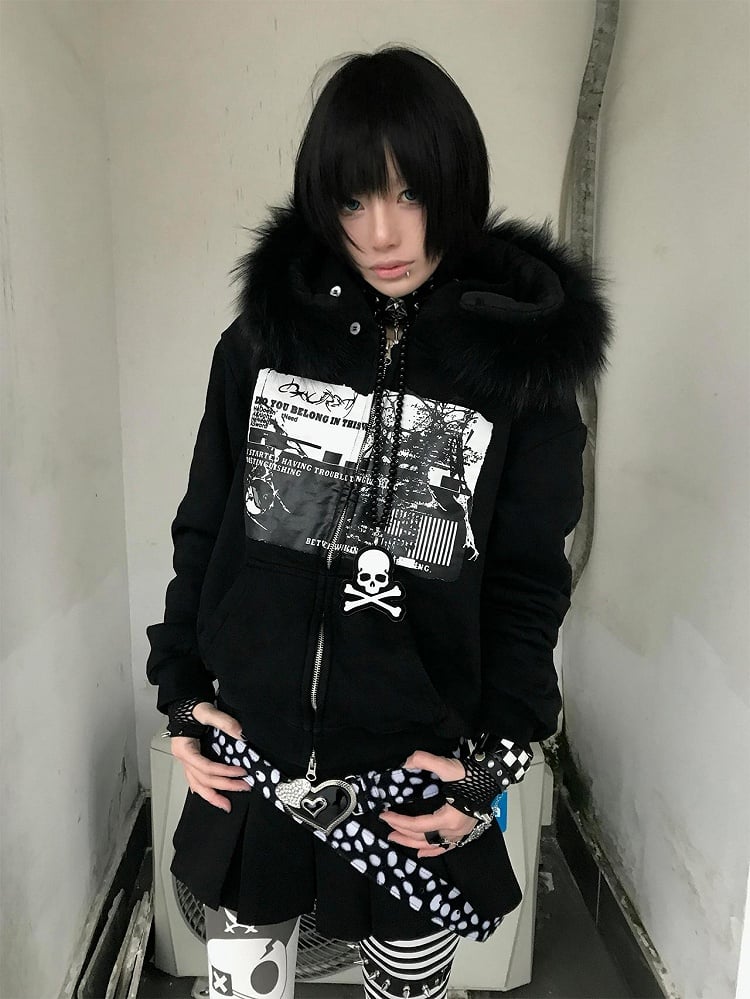 Hoodie Zip-up with Fur Black Print Y2K and Faux Graphic Trim