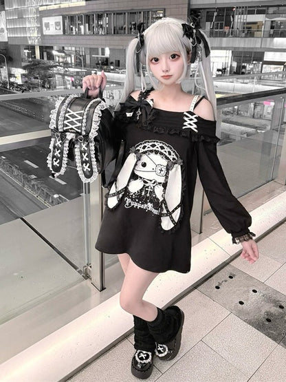 Jirai-kei Black Off Shoulder Long Sleeve Top with 3D Bunny Ears, Lace & Bows - Puppet Bombs