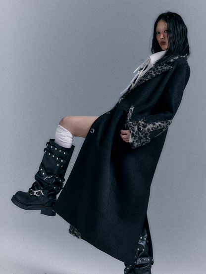 Black Wool Coat with Vintage Leopard Accents