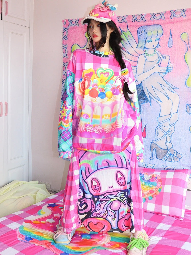 Y2K Pattern Plaid Cake Colorful Print Sweatshirt