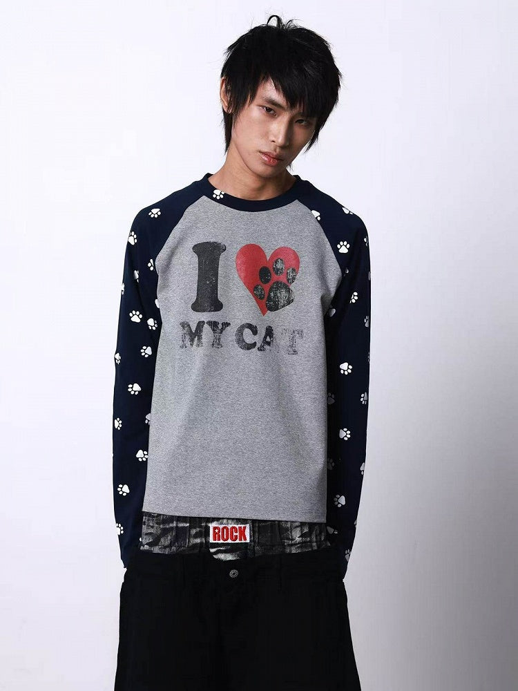 Gray & Black Cat Paw Print Round Neck Long Sleeve Top - DETW OnLine