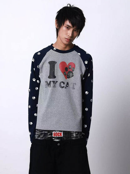 Gray & Black Cat Paw Print Round Neck Long Sleeve Top - DETW OnLine
