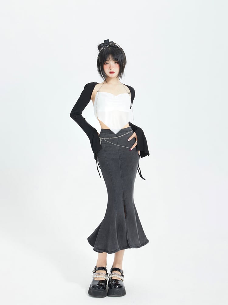 Skirt Back Slit with Zipper Denim Mermaid Ink Black Front