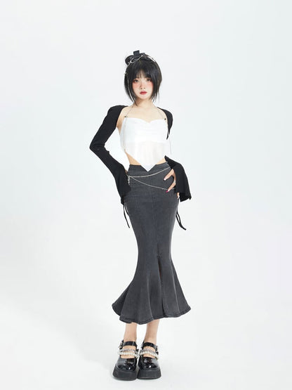 Skirt Back Slit with Zipper Denim Mermaid Ink Black Front