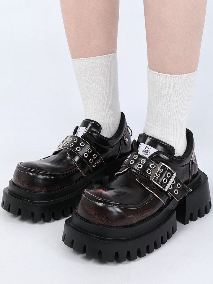 Punk Accents Heel Shoes - Black Block Buckle High Platform