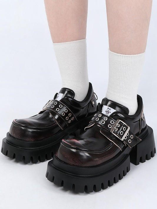 Punk Accents Heel Shoes - Black Block Buckle High Platform