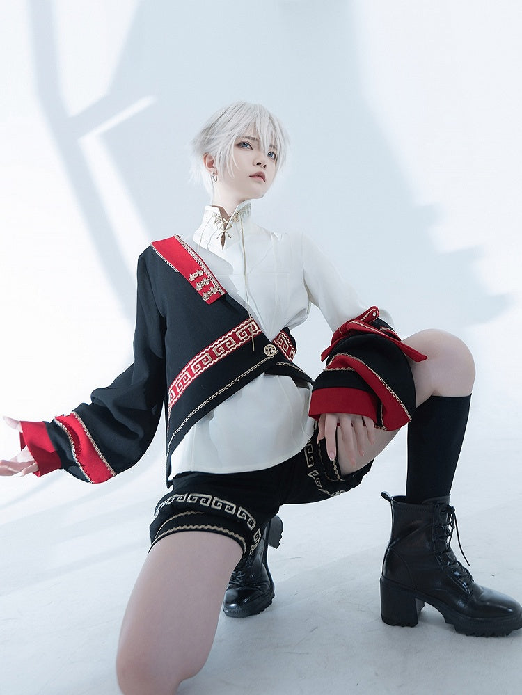 Chinoiserie Stand Ouji Shirt Lace-up Collar White