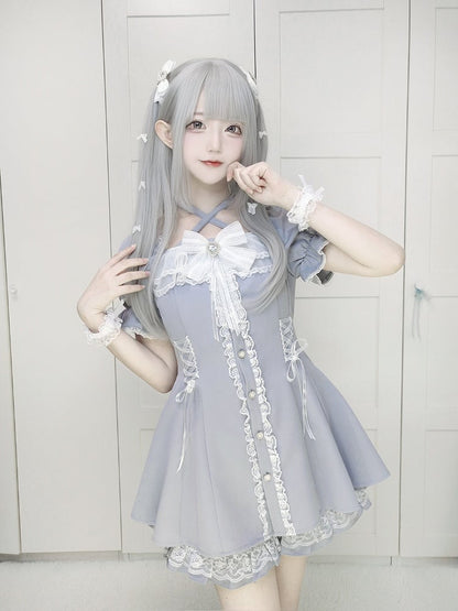 with Dusty Dress Jirai and Kei Blue Tie Buttons Set: Neck Heart Halter Shorts Adjustable