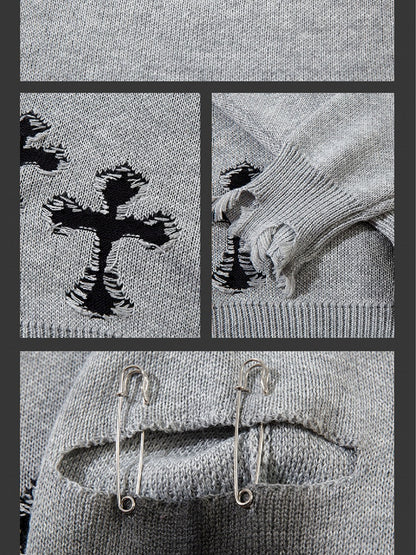 Y2K ブラック/グレー クロスシェイプ ダメージ加工 ホールズ ラウンドネック セーター