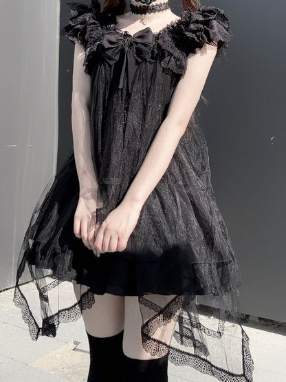 Onyx Landmine Trio: Camisole Dress, Asymmetric Tulle Overlay, Choker - Pink Rabbit