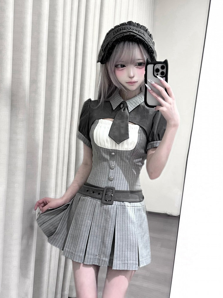 Gray Striped Jirai Kei Set: Cropped Top, Camisole Dress, Belt, Tie - Ekomi