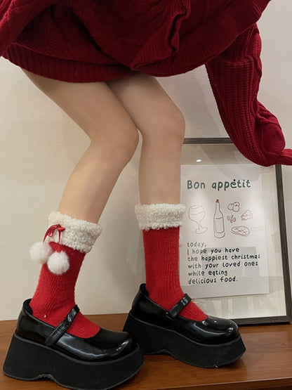 Fleece Ruffled White/Red/Black Calf Socks with Decoration Warm Pom-Pom