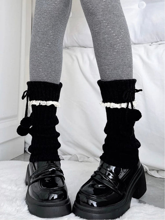 Warmers Pom-Pom Black Ribbed Lace Slouchy Leg